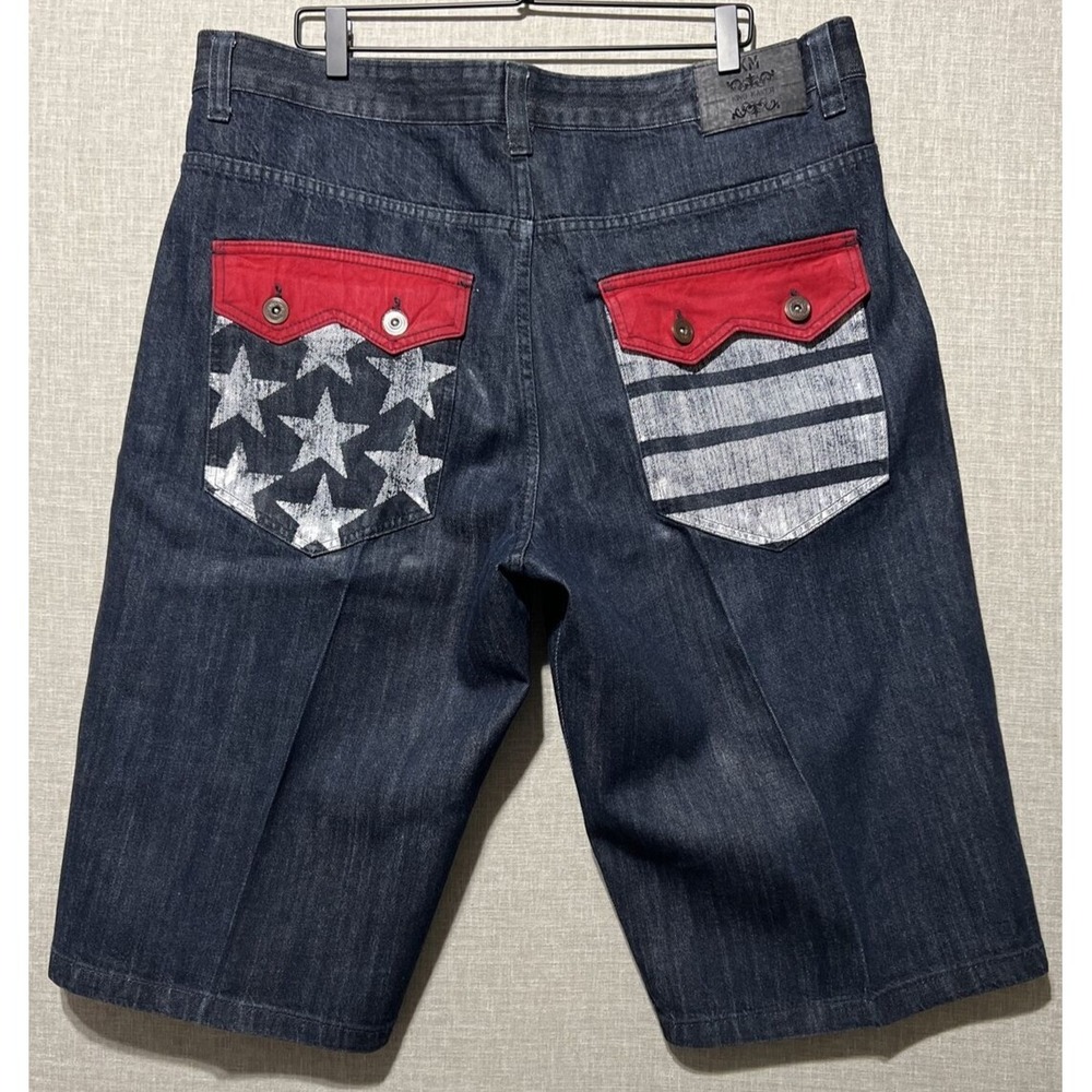 King Maker Baggy Shorts Mens 42 Denim Flag Wide Leg Hip Hop Retro Y2K VTG‎